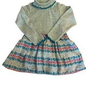 Vintage 70s Cozy Knit Teal & pink turtle neck  w/ Floral Pattern Dress